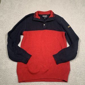 Nautica Jeans Co. Men's Ribbed Knit‎ Sweater Red Blue 1/4 Button Collar XL VTG